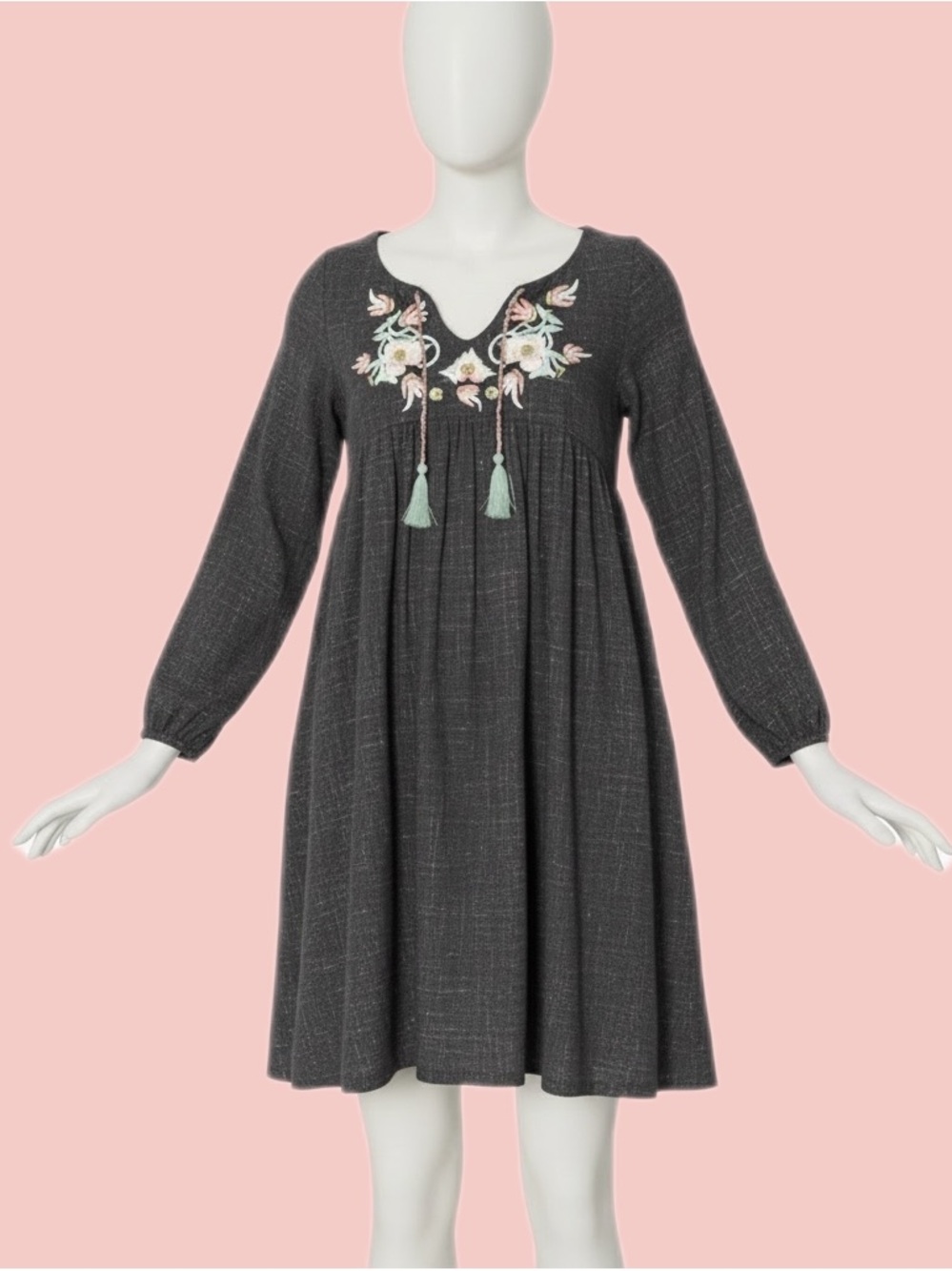 Louise Misha Boho pink and green embroidered empire waist dress